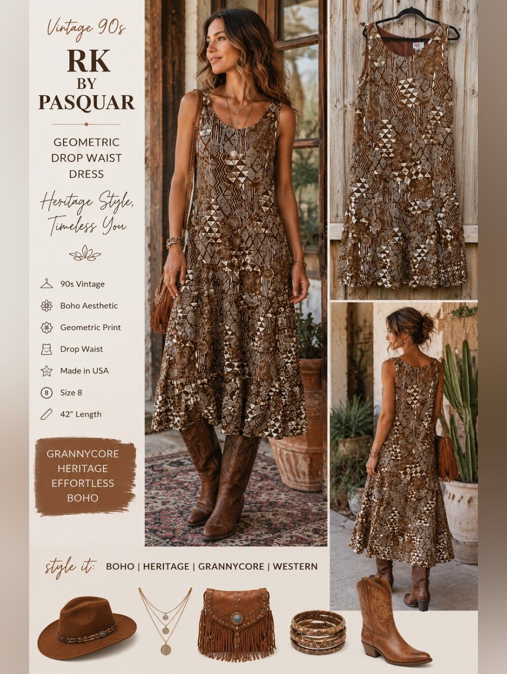 Vntg 90s RK by Pasquar Geometric‎ Drop Waist Midi Dress Boho Grannycore Heritage